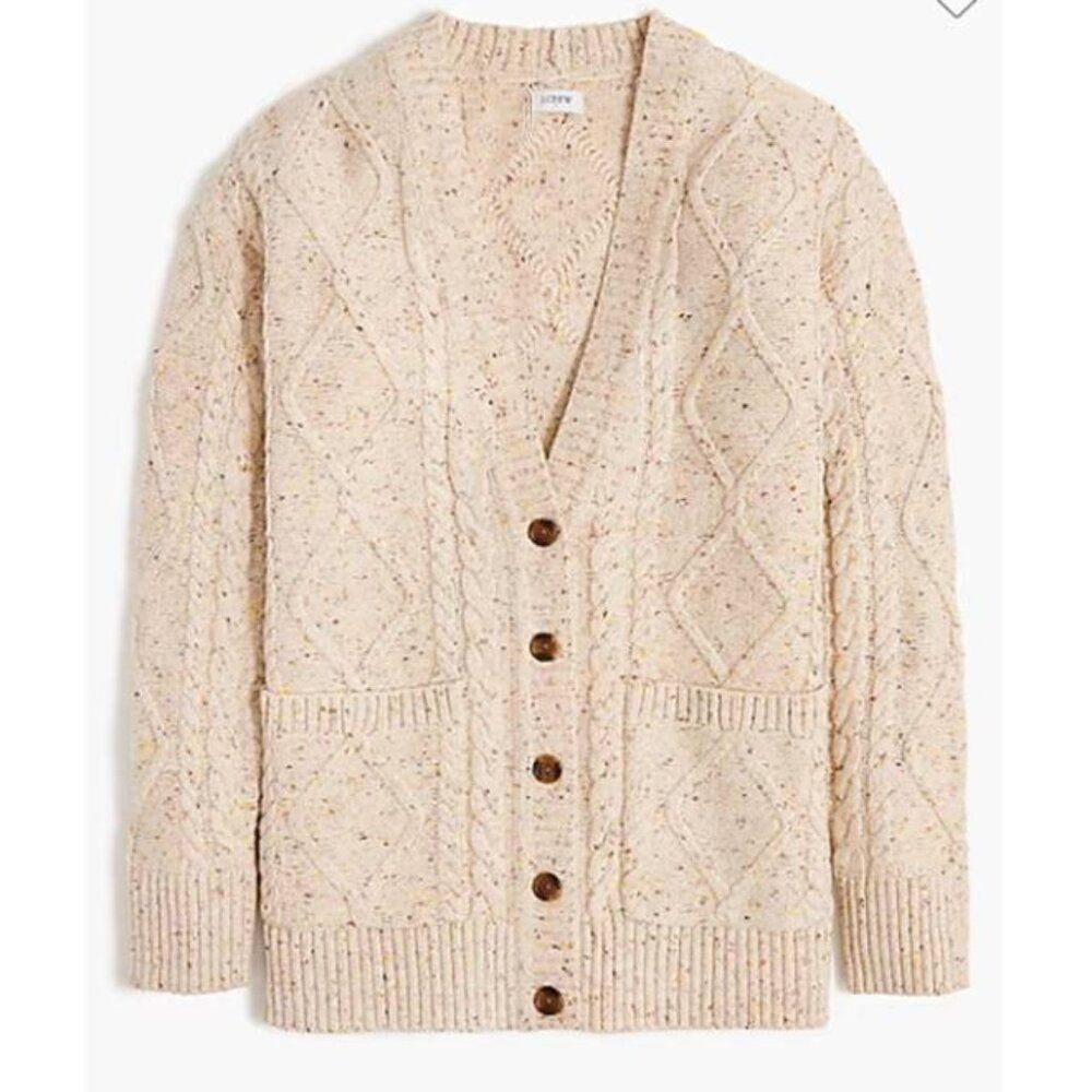 J Crew Women's Cardigan Sweater Cotton Donegal Cable Knit Winter Khaki